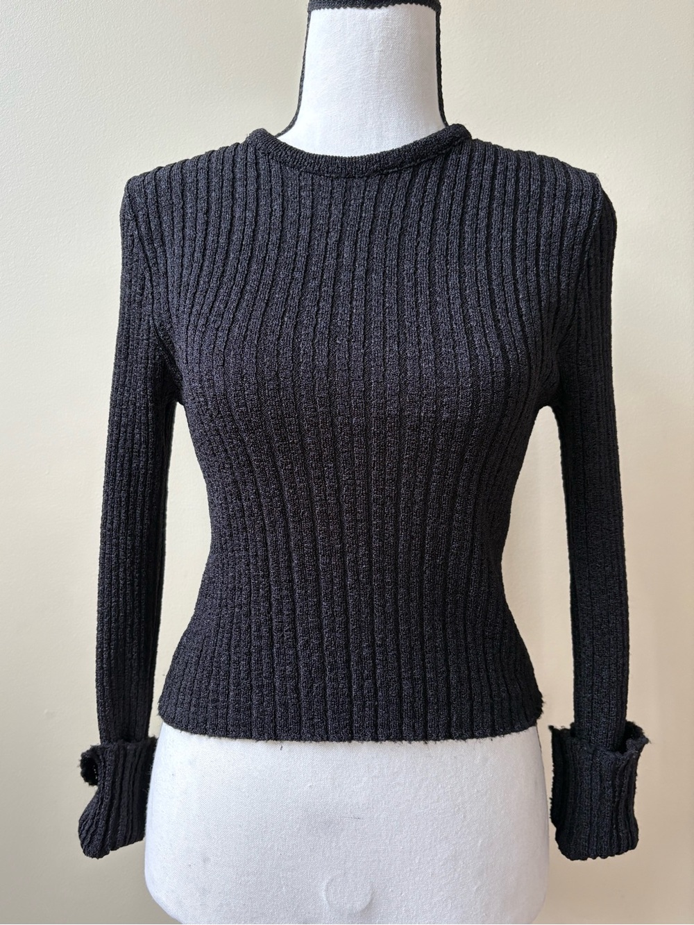 Ribbed Long Sleeve Knit Top - Black